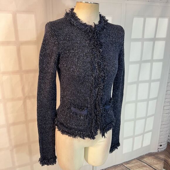 Express Navy Silver Metallic Hints Frayed Knit Long Sleeve Sweater Size Small - Picture 2 of 10